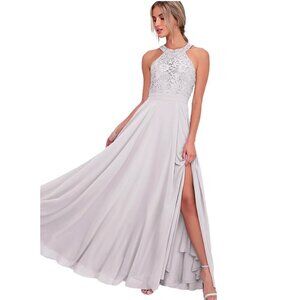 NWT LULUS Love Poem Gray Halter Maxi Gown Crocheted Lace Bodice